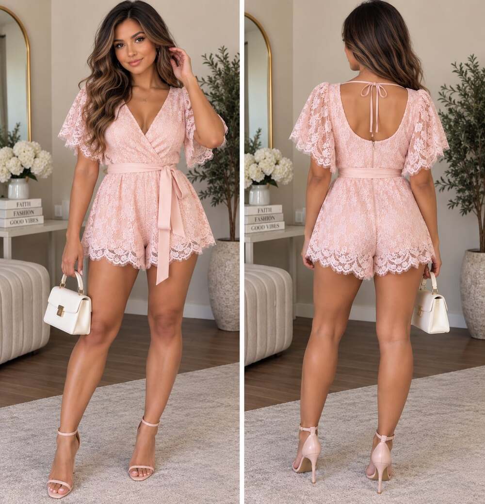 Coquette Blush Pink Floral Lace Romper Flutter Sleeve XL